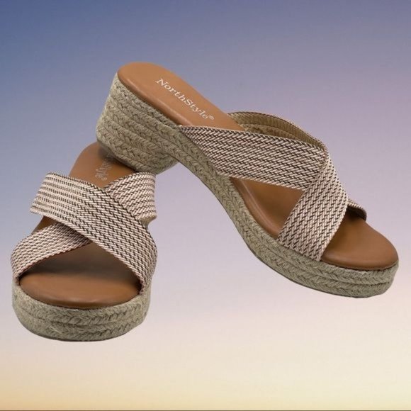 NorthStyle Espadrille Sandals Slip-on Block Heel Criss-Cross Pink Gold Size 37 - Picture 1 of 12